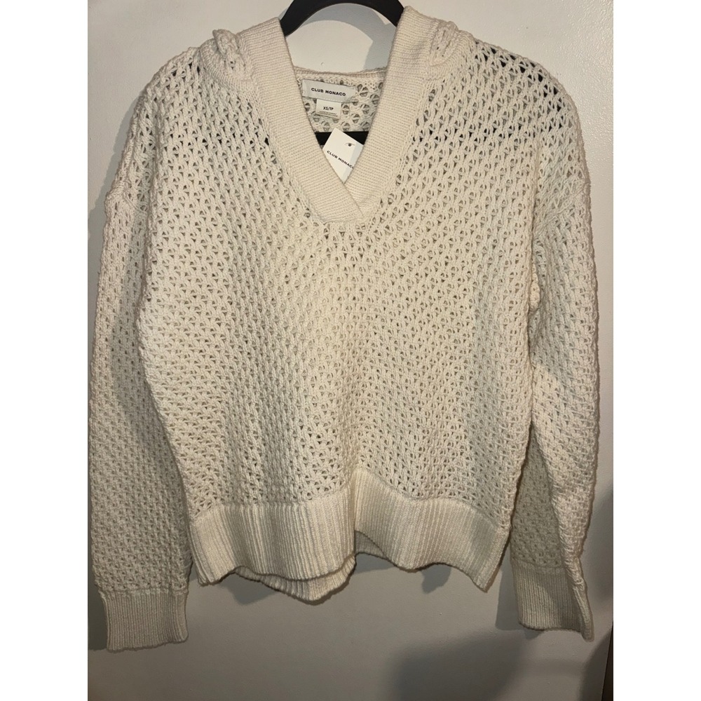 Club Monaco Mesh Stitch Hoodie White Wool Cotton Knit Sweater XS NWT
